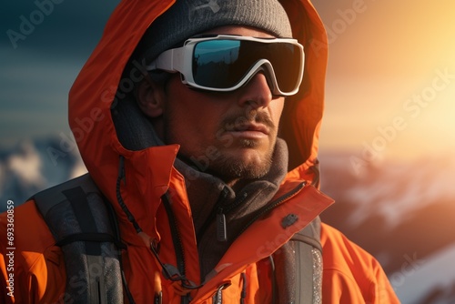 A man wearing an orange jacket and goggles standing on a mountain. Suitable for outdoor adventure and winter sports themes