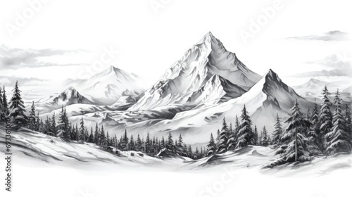 A black and white drawing depicting a mountain range. Suitable for various design projects