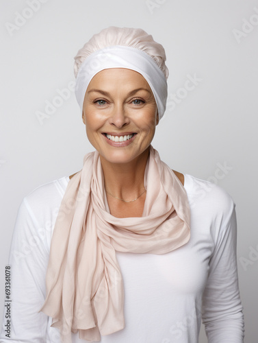 Portrait of beautiful woman wearing headscarf smiling. Positive people with a cancer disease.