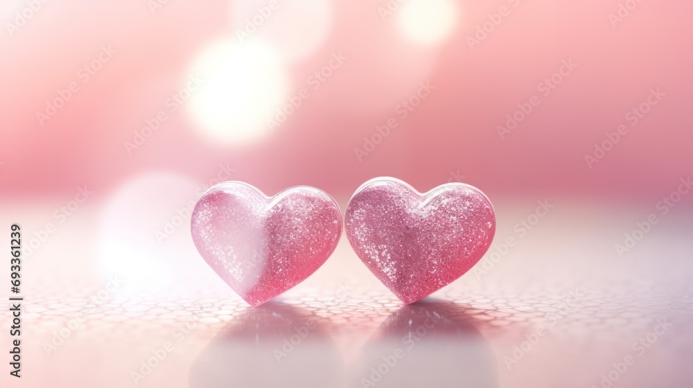 Two sparkling hearts on pink background signify romance and affection.