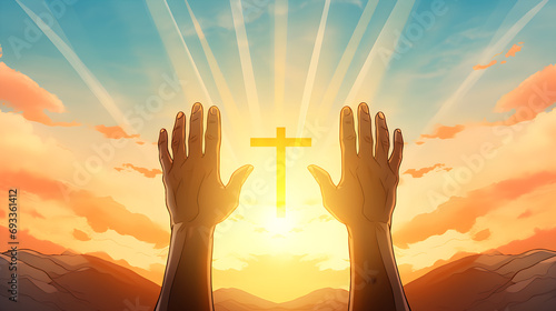Christian man with open hands worship christian. Eucharist Therapy Bless God Helping Repent Catholic Easter Lent Mind Pray. Generative Ai illustration.