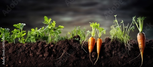 Regrowth of carrot sections in soil recycles vegetable waste and propagates vegetables.