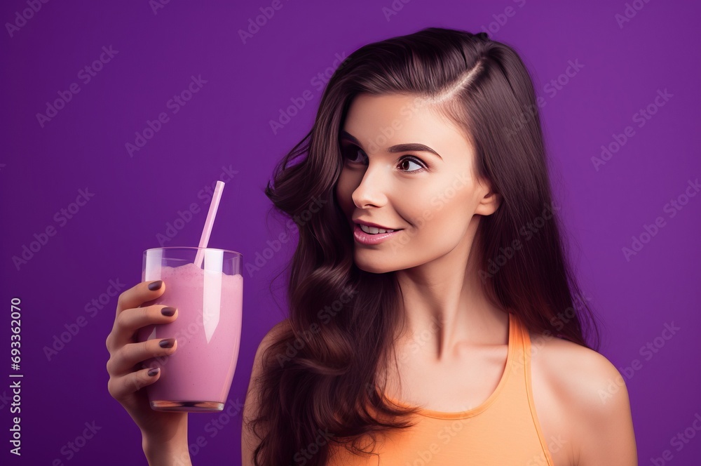 Woman drink purple smoothie glass fresh detox. Organic vegetable food raw. Generate Ai Woman drink purple smoothie glass fresh detox. Organic vegetable food raw. Generate Ai