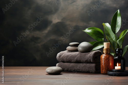 Massage stones, towels and candles. Set for spa treatments. Care and relaxation concept. Generated by artificial intelligence
