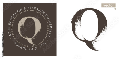 Q letter serif logo with dry brush strokes. Classic style font. Grunge textured and rough edges elements. Perfect for fashion labels, vintage headlines, glamour luxury identity, wedding invitations.