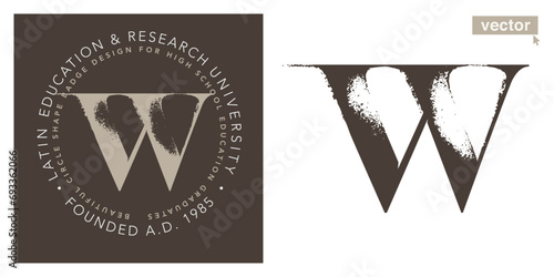 W letter serif logo with dry brush strokes. Classic style font. Grunge textured and rough edges elements. Perfect for fashion labels, vintage headlines, glamour luxury identity, wedding invitations.