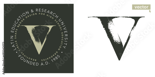 V letter serif logo with dry brush strokes. Classic style font. Grunge textured and rough edges elements. Perfect for fashion labels, vintage headlines, glamour luxury identity, wedding invitations.
