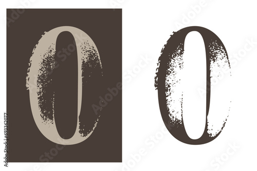 0 sign. Number zero serif logo with dry brush strokes. Classic style font. Grunge textured and rough edges elements. Perfect for fashion label, vintage headline, luxury identity, wedding invitation.