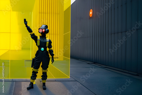 Yellow cute robot raising hand to greet human on transparent background. Generative AI 