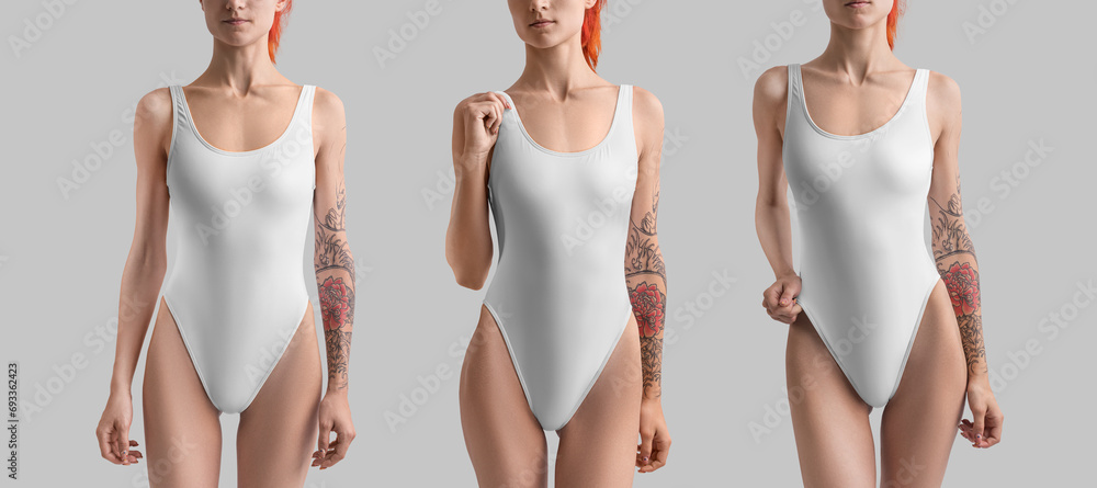 Template of a white swimsuit one piece, on a thin girl, front view. Swimwear set for design, branding. Set - obrazy, fototapety, plakaty 