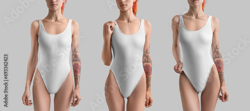 Template of a white swimsuit one piece, on a thin girl, front view. Swimwear set for design, branding. Set