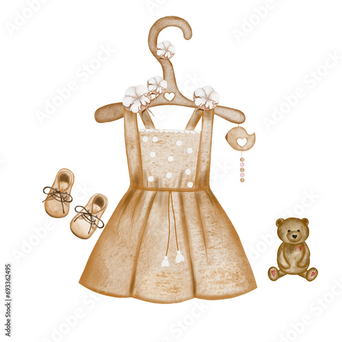 Watercolor drawing set of newborn baby girl dress boots, teddy bear and wooden hanger with cotton flowers. A nice template for a card and invitation for a baptism or birthday. photo