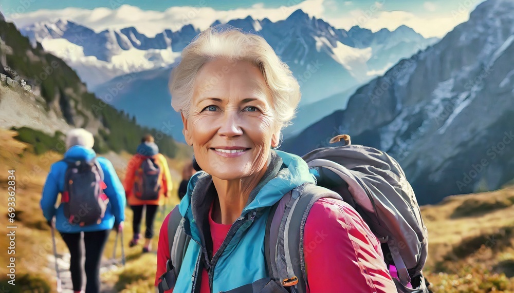 Senior woman hiking with a backpack in the mountains Senior woman hiking with a backpack in the mountains