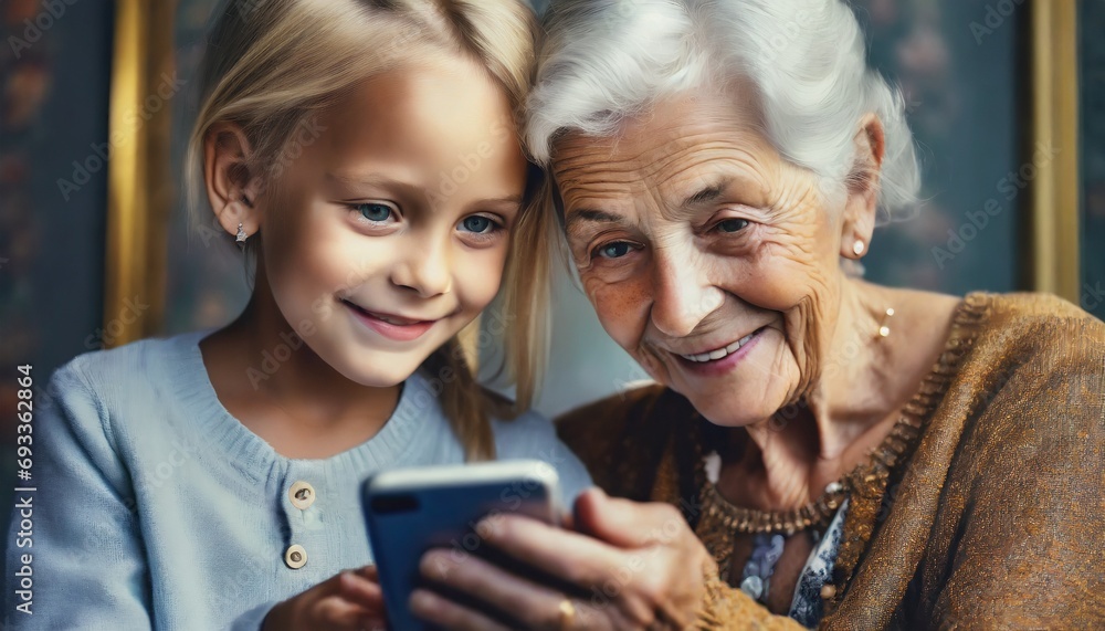 Wnuczka ucząca swoją babcie obsługi smartfona - obrazy, fototapety, plakaty 
