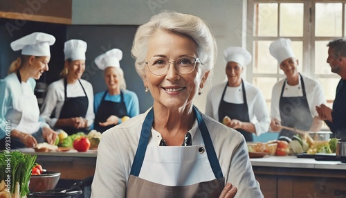 Seniorka biorąca udział w kursie gotowania photo