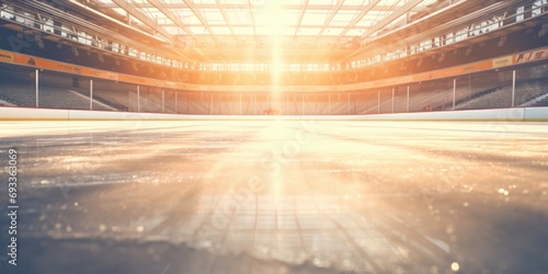 An empty ice rink with sunlight shining through the windows. Suitable for sports and recreation themes