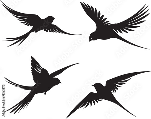 set of silhouettes of bird swallow on white background