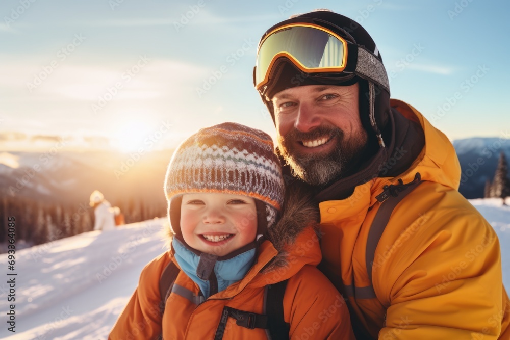 A man and child are standing in the snow. This image can be used to depict a winter scene or a family outing in the snow A man and child are standing in the snow. This image can be used to depict a winter scene or a family outing in the snow