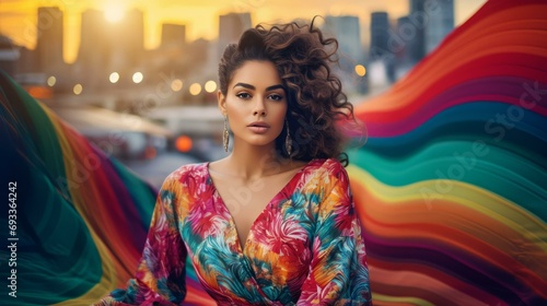 Woman in a Colorful Dress With Urban Cityscape in the Background