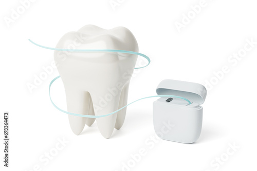 Dental floss around the tooth. 3d render. isolated on white