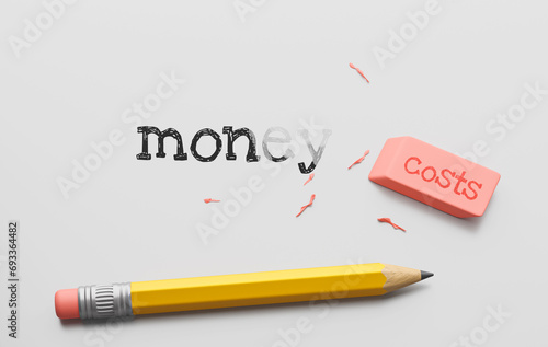  Money and costs. Writing in pencil and erased with an eraser. 3d render