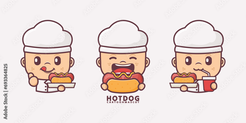 chef cartoon mascot with hotdog. vector illustrations with outline style chef cartoon mascot with hotdog. vector illustrations with outline style