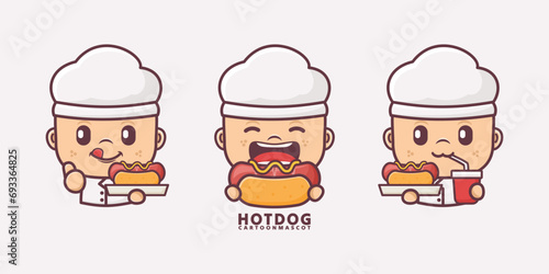 chef cartoon mascot with hotdog. vector illustrations with outline style