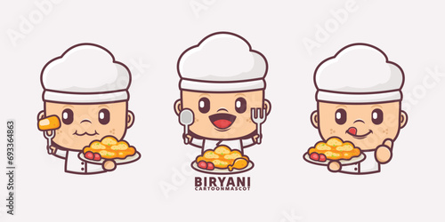 chef cartoon mascot with indian food biryani rice