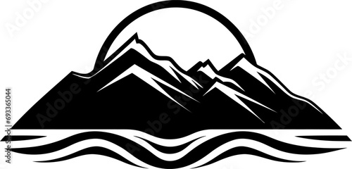 Mountain lake landscape silhouette in black color. Vector template for laser cutting wall art.