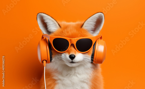 Fox in headphones on an orange background