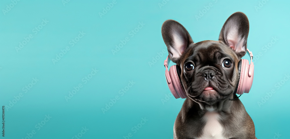 Little French bulldog wearing headphones on a blue background. Copy space