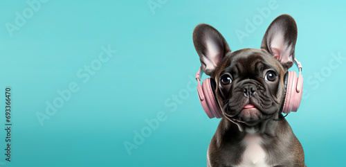 Little French bulldog wearing headphones on a blue background. Copy space © Александр Довянский