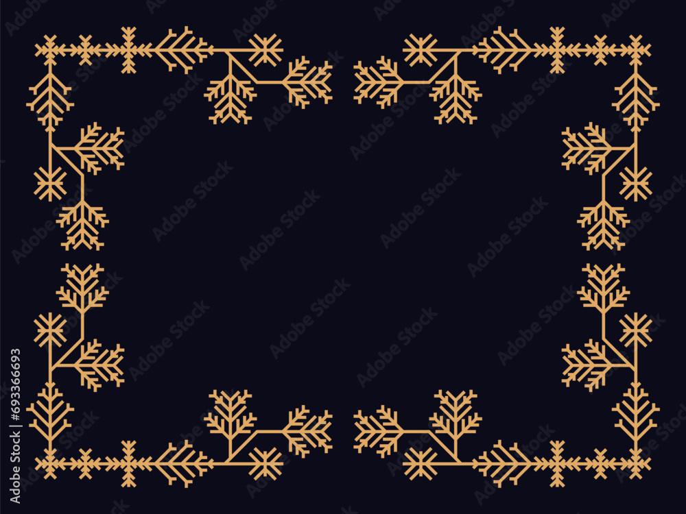 Art deco style frame with snowflakes. Winter vintage linear border with snowflake in line art style. Christmas frame design a template for invitations, leaflets and greeting cards. Vector illustration