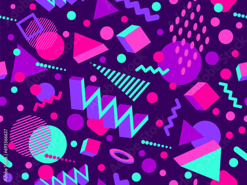 Memphis seamless pattern with 3d geometric shapes in 80s style. Colorful geometric pattern. Design of promotional products, wrapping paper and printing. Vector illustration