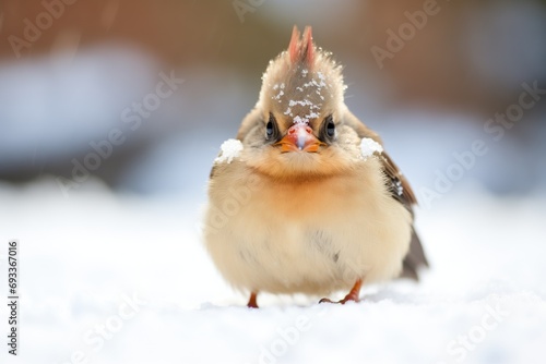 female cardinal fluffed up in snow
