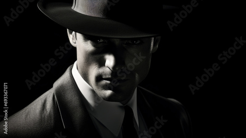 Man detective in the dark with a fedora hat and a trench coat, 1950s noir film style character photo