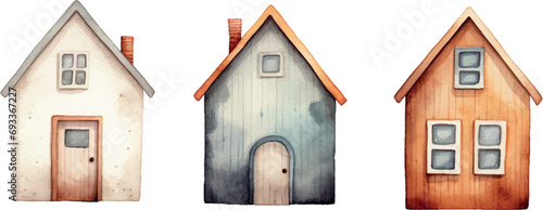 Vector set of watercolor wood houses, isolated, for design