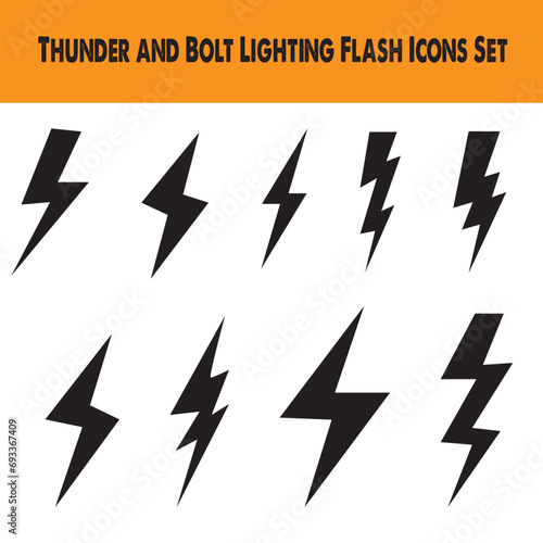 Lightning bolt icons set isolated on white background. Black flash symbol, thunderbolt vector illustration. Simple lightning strike sign eps 10