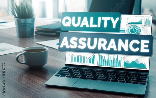 Quality Assurance and Quality Control Concept - Modern graphic interface showing certified standard process, product warranty and quality improvement technology for satisfaction of customer. uds photo