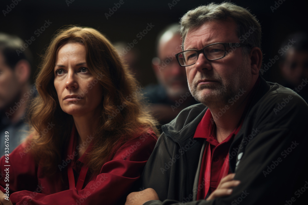Man and woman sitting next to each other in conference Man and woman sitting next to each other in conference