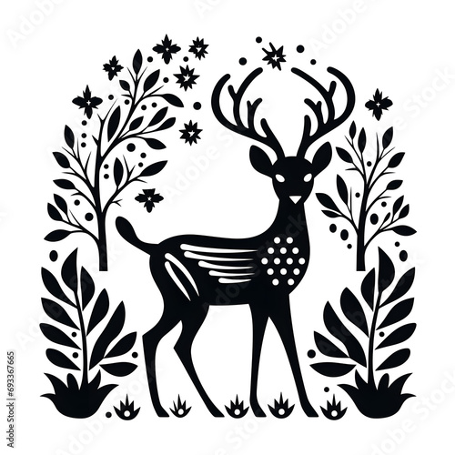 Hand drawn reindeer silhouette black and white graphic illustration isolated on white background