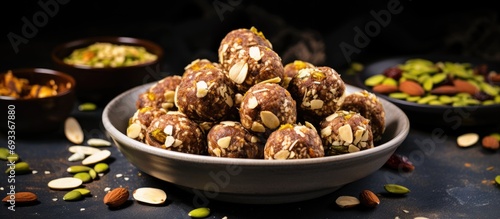 No-bake energy bites made with dates, oats, saffron, pistachios, cashews, and other dried fruits, including dink or edible gum ladu. photo