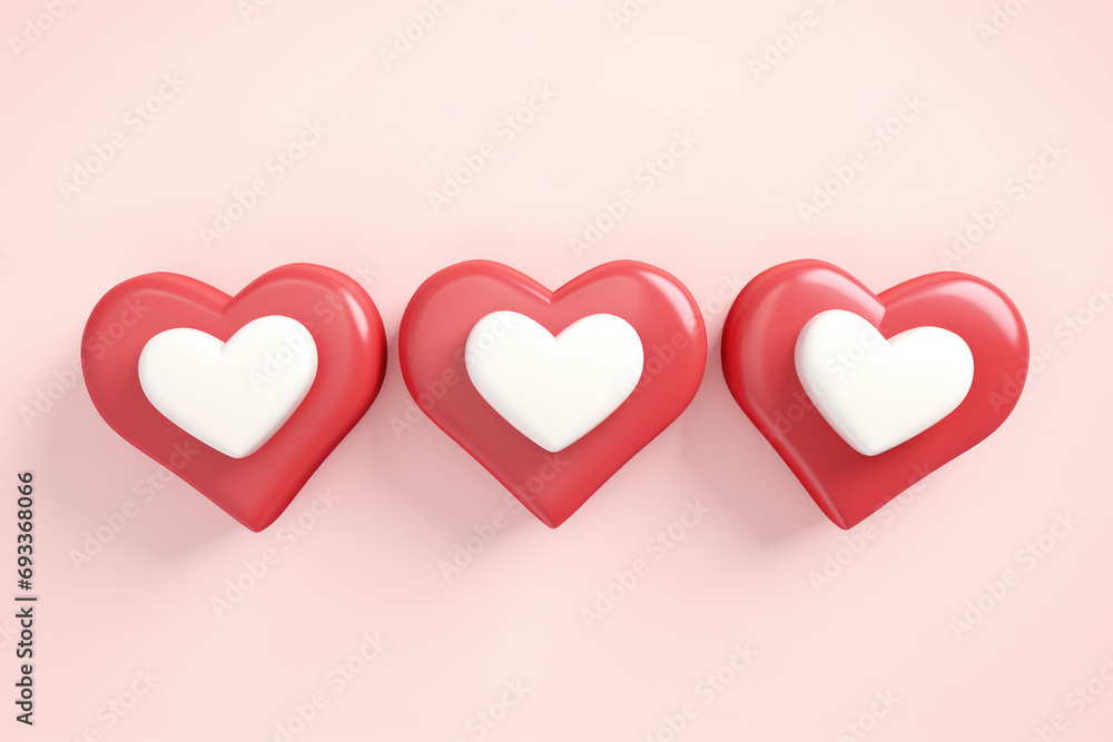 Three red hearts with white hearts on pink background. Perfect for Valentine's Day or any romantic occasion.