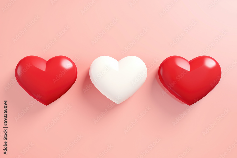 Three red hearts with white hearts on them. Perfect for Valentine's Day or expressing love.
