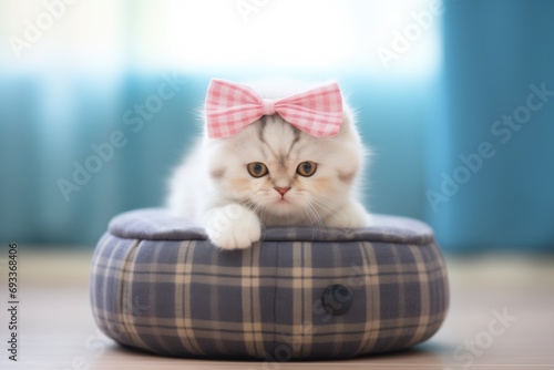 scottish fold kitten in a soft round pouf