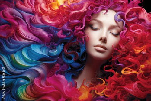 Detailed view of woman with vibrant, multicolored hair. Perfect for fashion or beauty-related projects.