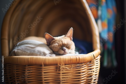 burmese cat tucked in a basket with a pillow