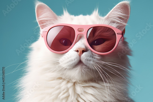 White cat wearing pink sunglasses on blue background. Perfect for summer-themed designs.