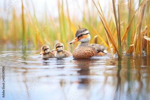 ducks with ducklings navigating through reeds