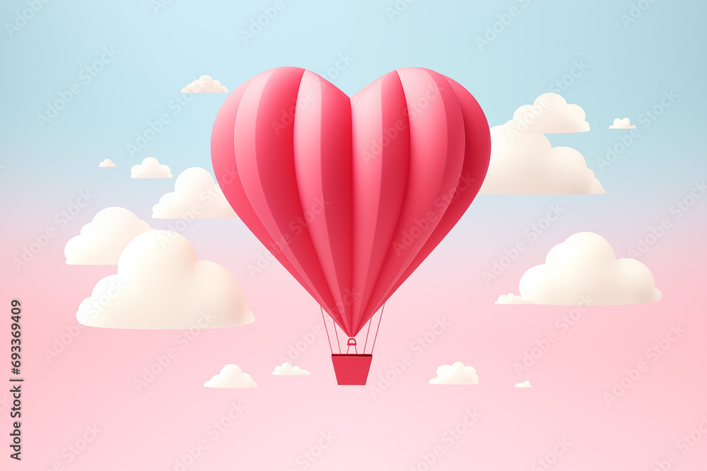 Sky balloon, heart shape, pink, red, white, floating, paper cut style